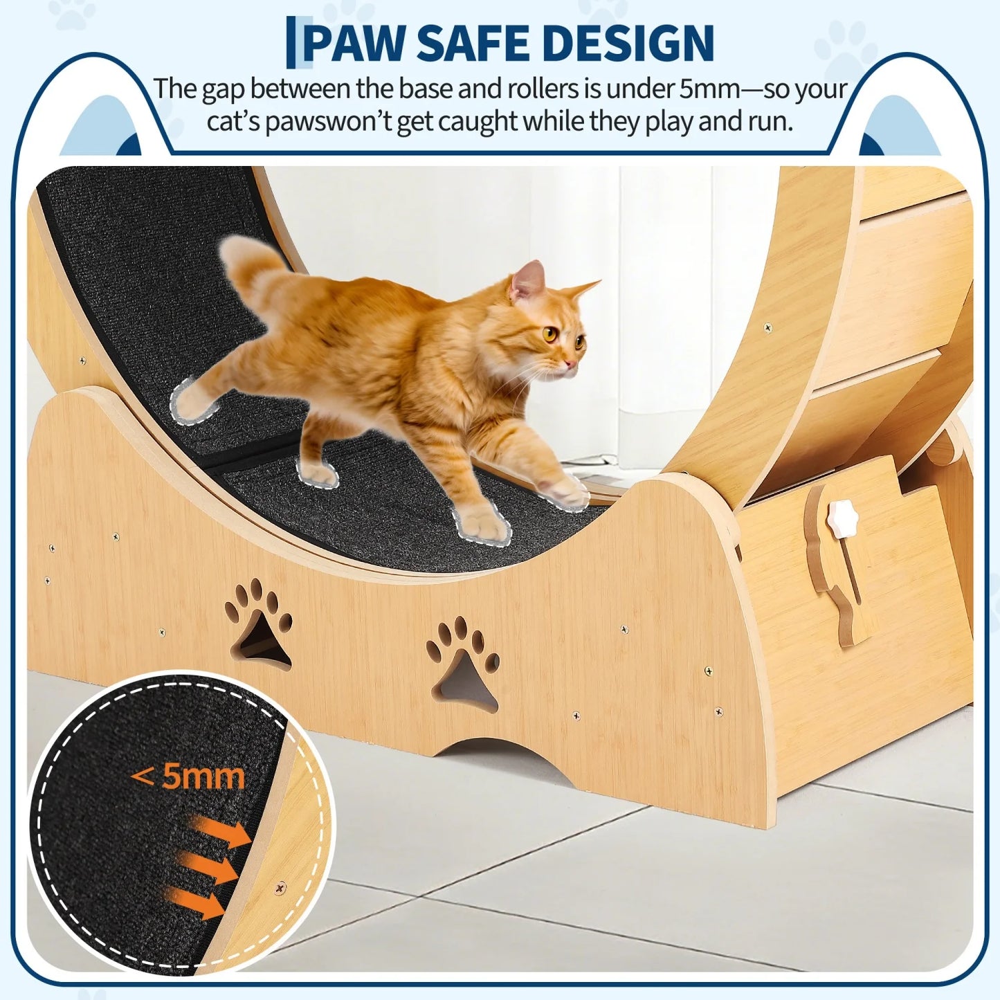 Large Wooden Cat Running Treadmill with Low Noise Carpeted Runway, Removable Carpet