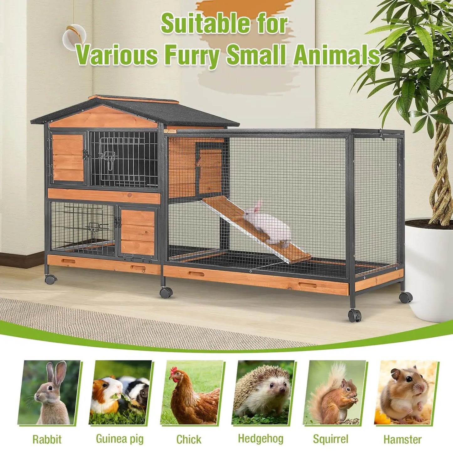 2-Story Rabbit Hutch with Chew-Proof Full Metal Frame for Indoor/Outdoor - 62" Bunny Cage with 6 Locking Casters