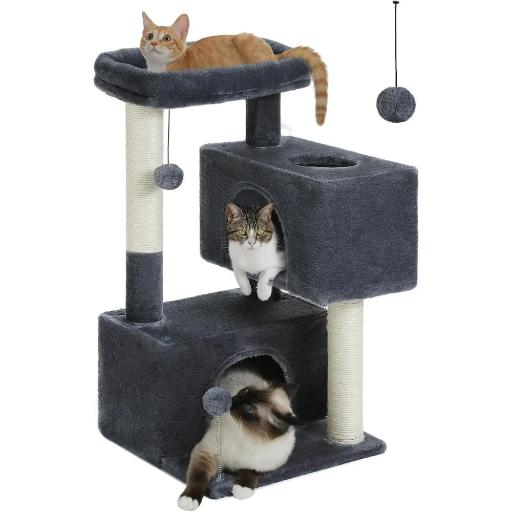 32 Inch Multi Level Cat Condo with Sisal Scratching Posts Plush Perch and Hanging Toys for Indoor Cats