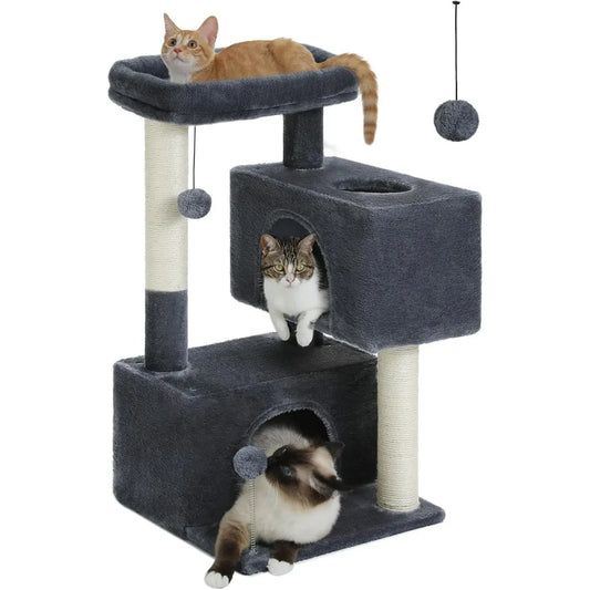 32 Inch Multi Level Cat Condo with Sisal Scratching Posts Plush Perch and Hanging Toys for Indoor Cats
