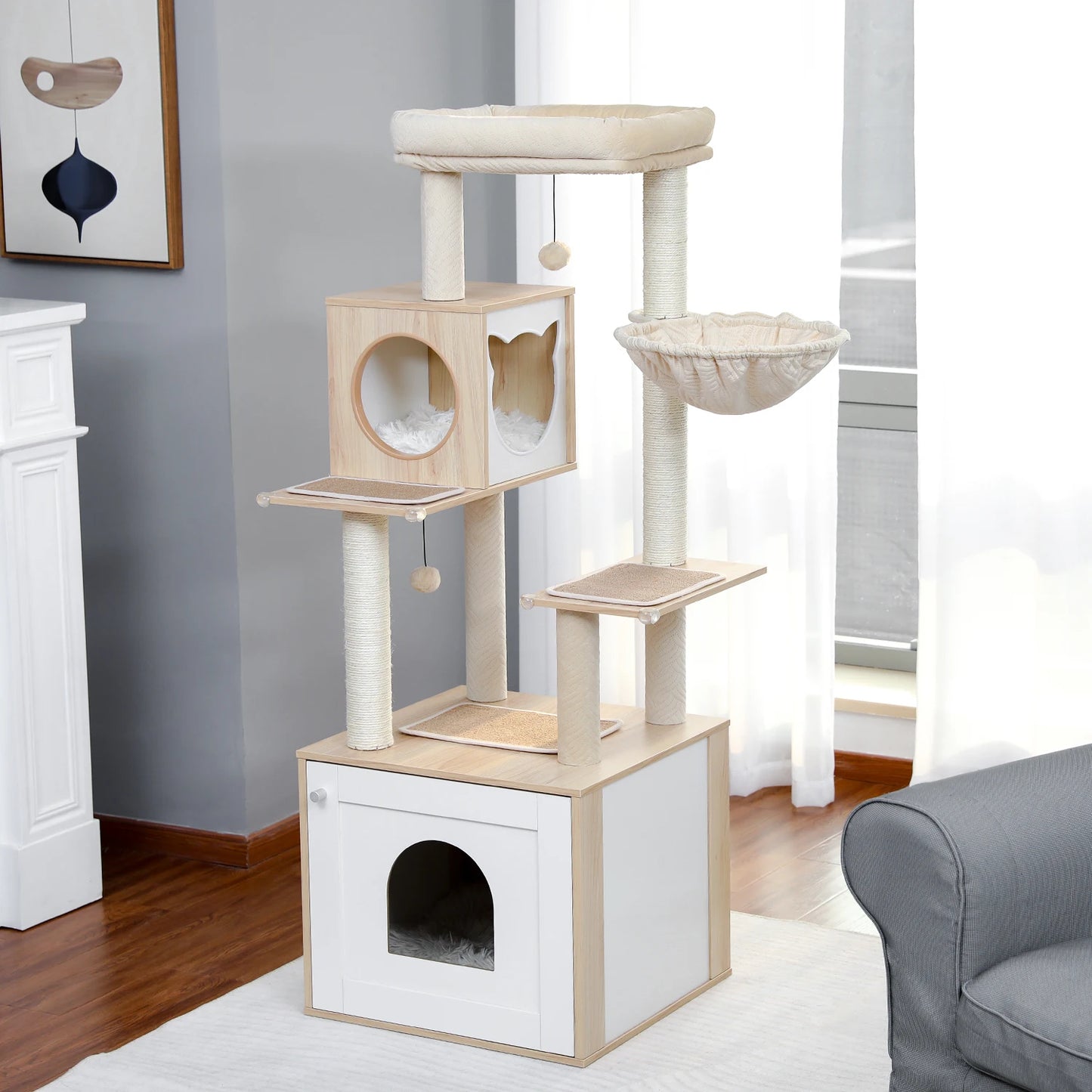 Multi-Level Wood Cat Tree with Scratching Posts, Spacious Condo, Hammock, Top Perch, Cat Scratcher