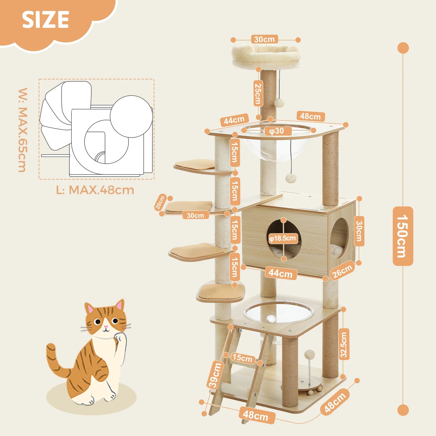 Multi-Level Wood Cat Tree with Scratching Posts, Spacious Condo, Hammock, Top Perch, Cat Scratcher