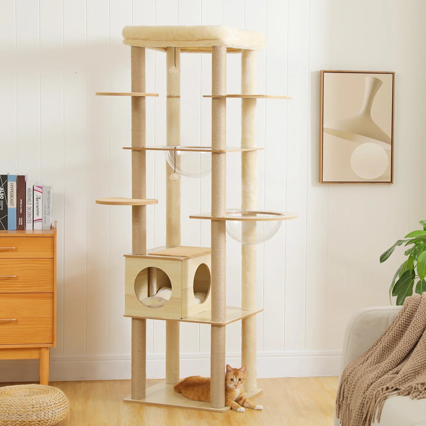Multi-Level Wood Cat Tree with Scratching Posts, Spacious Condo, Hammock, Top Perch, Cat Scratcher
