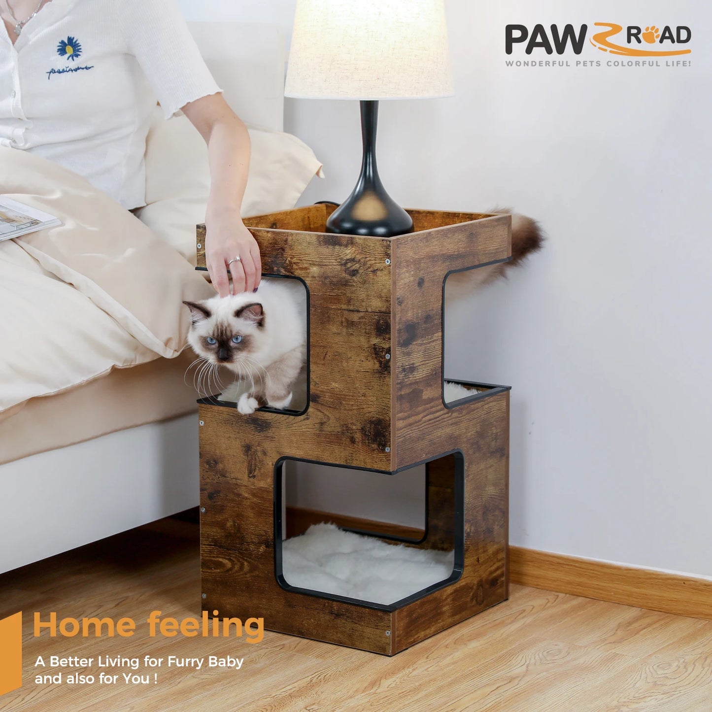 Wood Cat Condo House Bed with Removable Soft Mats & Scratching