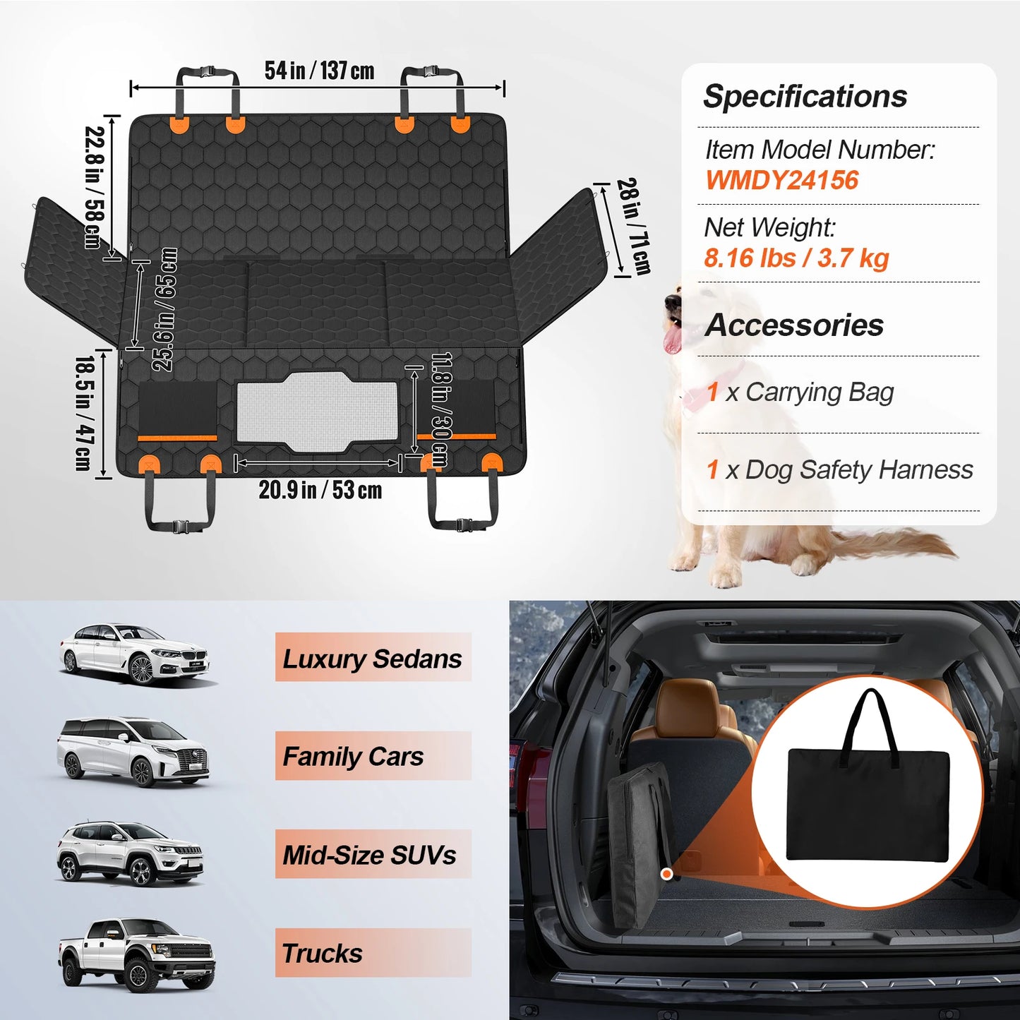 SucceBuy Back Seat Car Dog Hammock with Mesh Window and Storage Pocket, Supports 350lbs