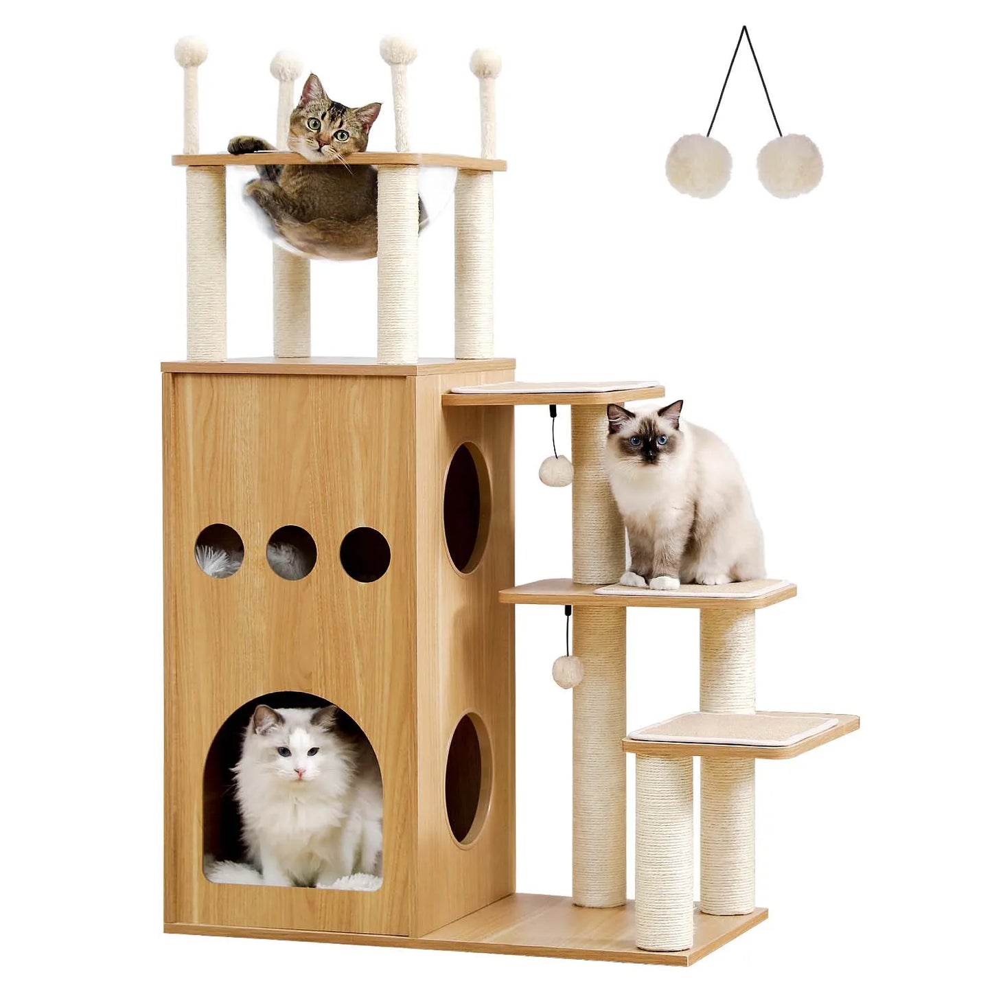 Multi-Level Wood Cat Tree with Scratching Posts, Spacious Condo, Hammock, Top Perch, Cat Scratcher