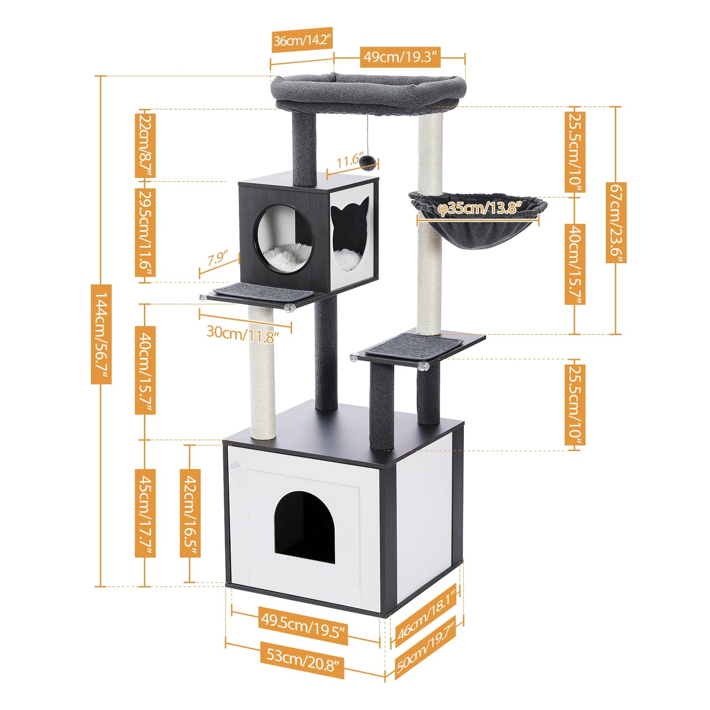 Multi-Level Wood Cat Tree with Scratching Posts, Spacious Condo, Hammock, Top Perch, Cat Scratcher