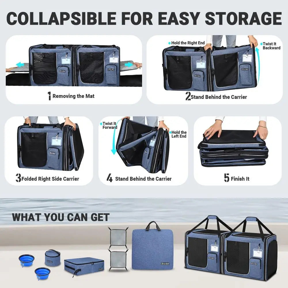 2 in 1 Double Cat Travel Carrier with Litter Box, 38"x17"x18"