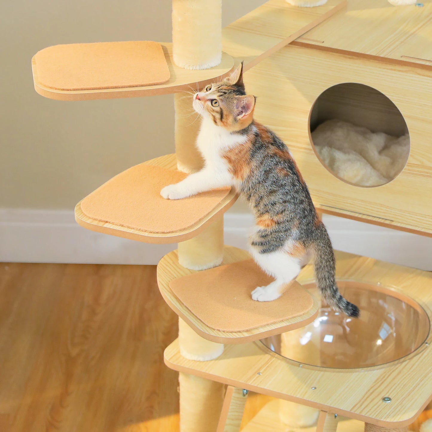 Multi-Level Wood Cat Tree with Scratching Posts, Spacious Condo, Hammock, Top Perch, Cat Scratcher