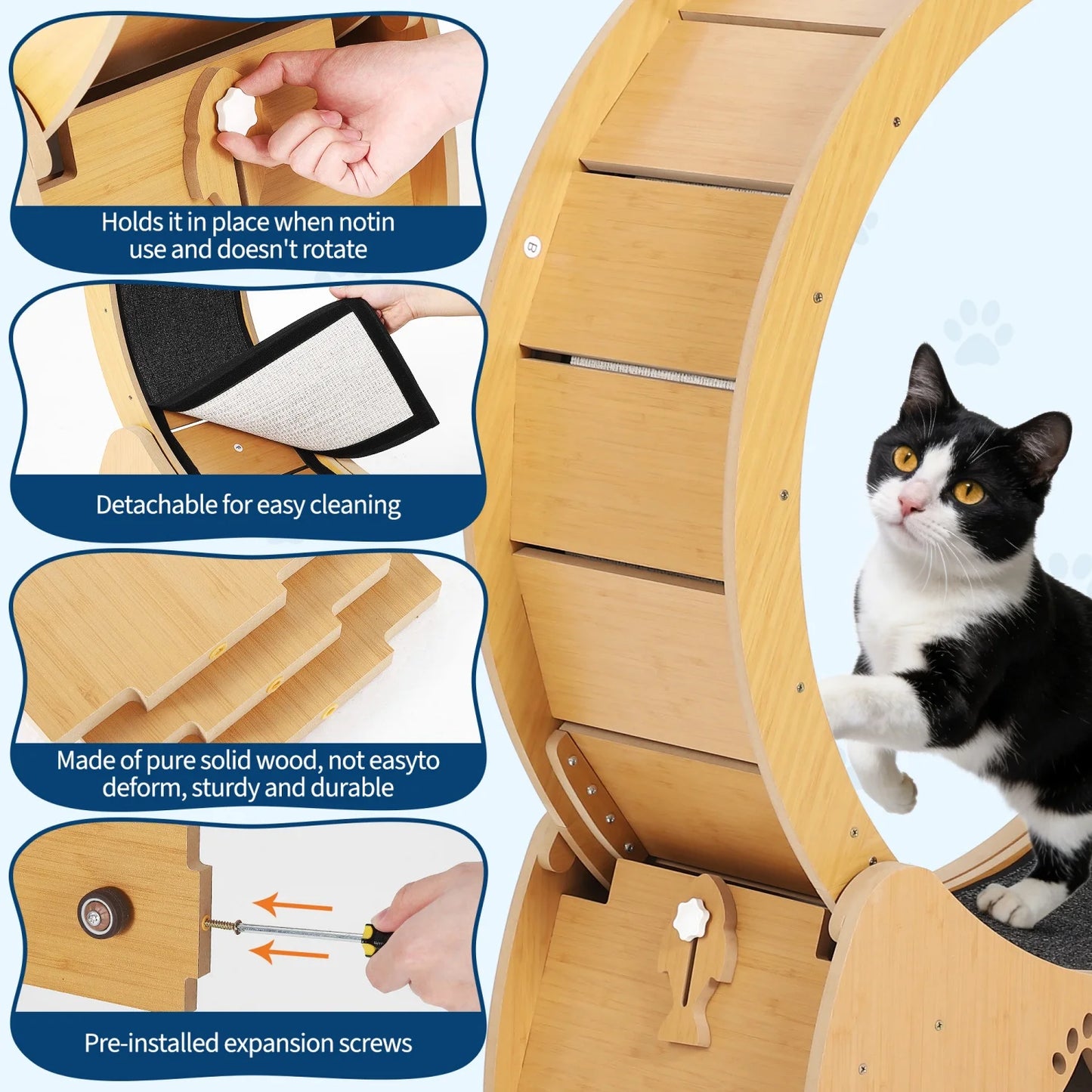 Large Wooden Cat Running Treadmill with Low Noise Carpeted Runway, Removable Carpet