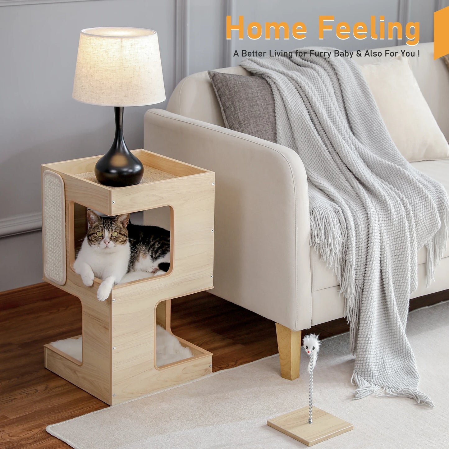 Wood Cat Condo House Bed with Removable Soft Mats & Scratching