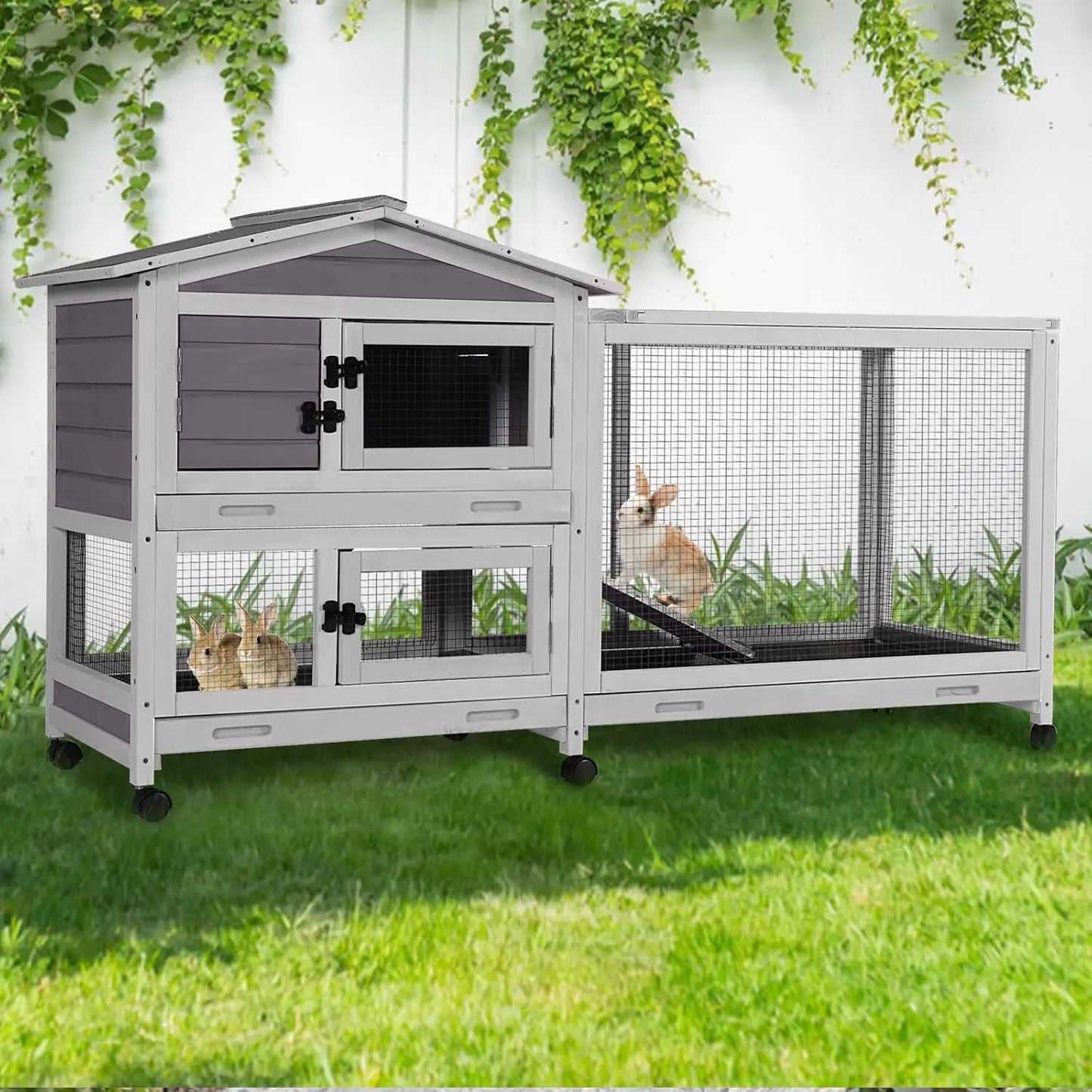 2-Story Rabbit Hutch with Chew-Proof Full Metal Frame for Indoor/Outdoor - 62" Bunny Cage with 6 Locking Casters