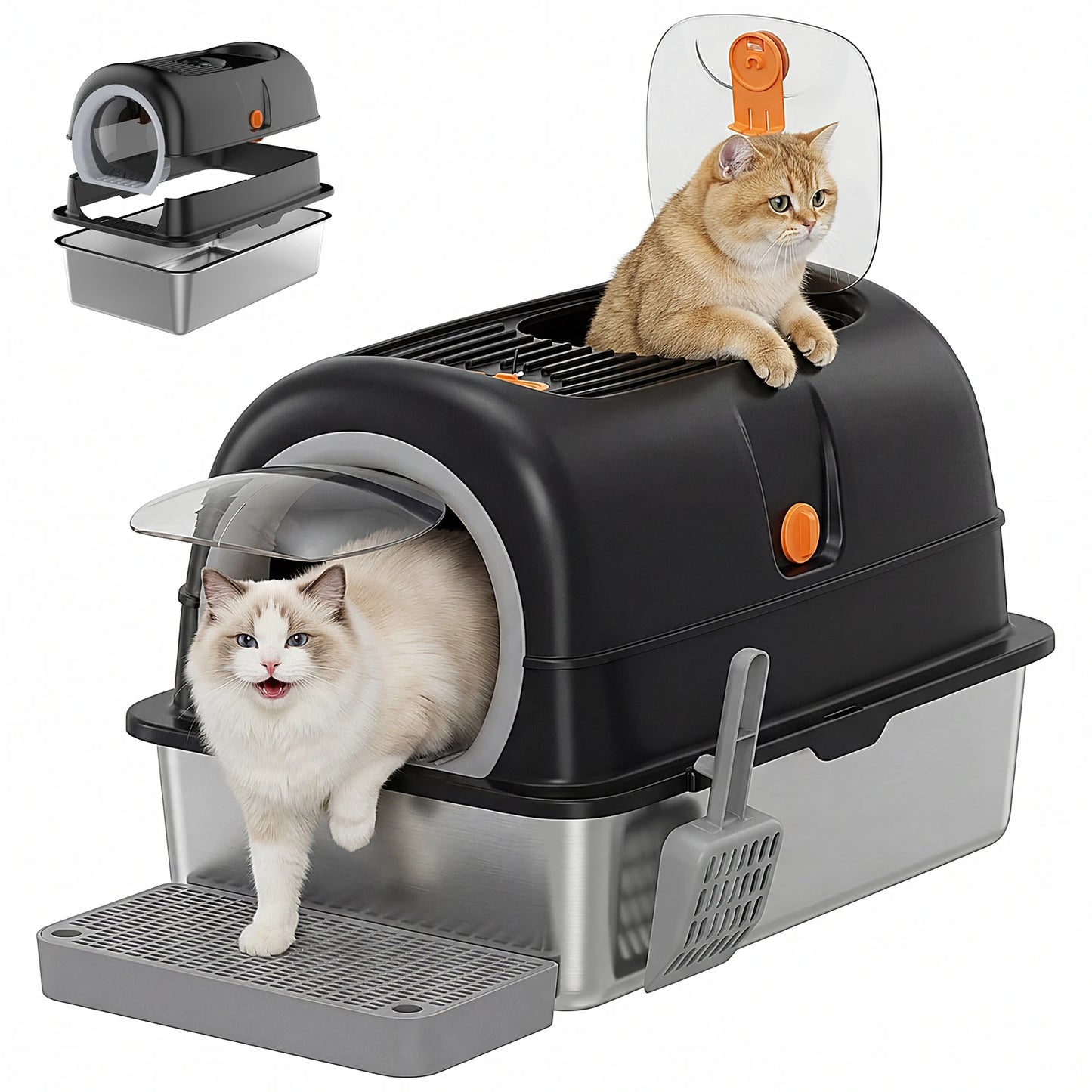 JHK 24IN Stainless Steel Cat Litter Box with Fully Enclosed 30L Large Cat Litter Box for Big Cats Cat - Box Scoop and Mat Included