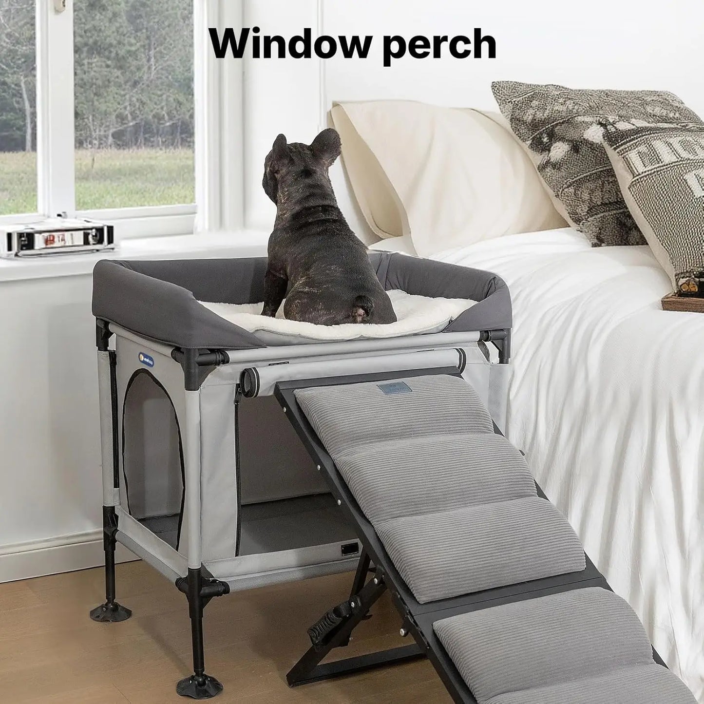 Elevated Pet Bunk Bed for Small to Medium Dogs and Cats, Grey - Attaches to Human Bed, Window Perch