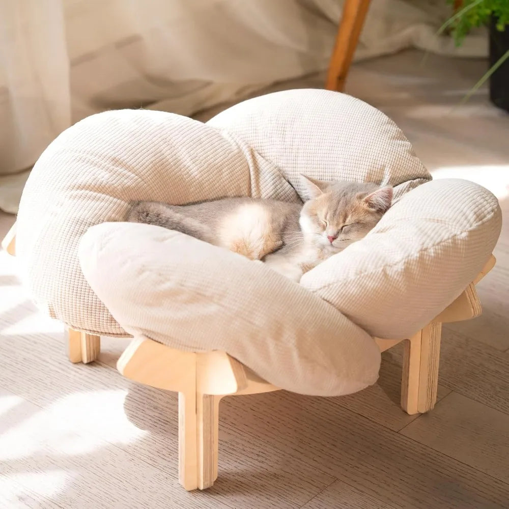 Elevated Cat Bed Wooden With Cushion Fluffy Pet Couch Sofa For Indoor Cats Raised Kitty Lounge Chair Suitable