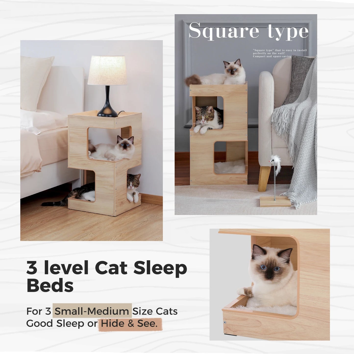 Wood Cat Condo House Bed with Removable Soft Mats & Scratching