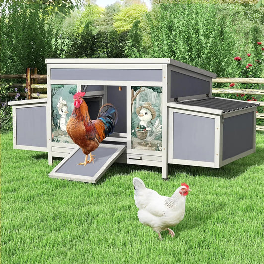 Wooden Chicken Coop with Nesting Boxes, Easy-Clean Hen House, Outdoor