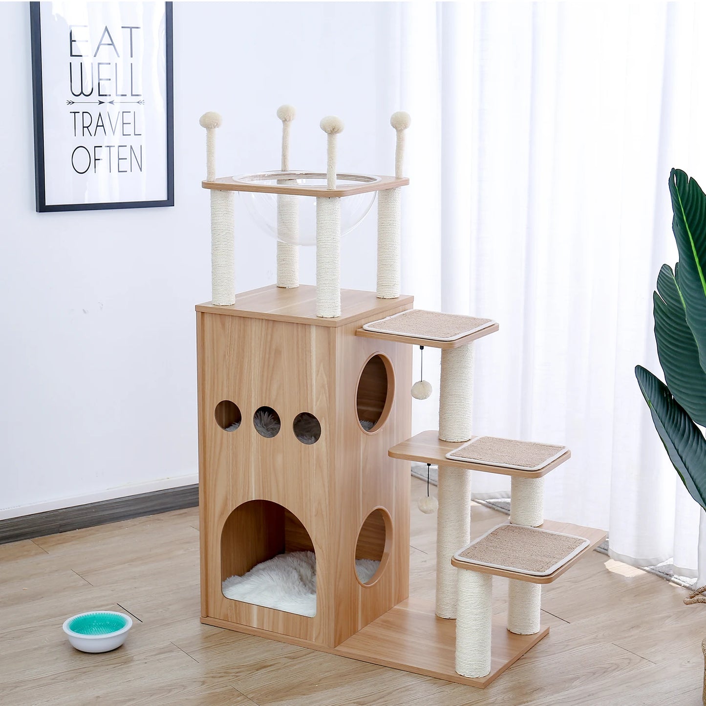 Multi-Level Wood Cat Tree with Scratching Posts, Spacious Condo, Hammock, Top Perch, Cat Scratcher