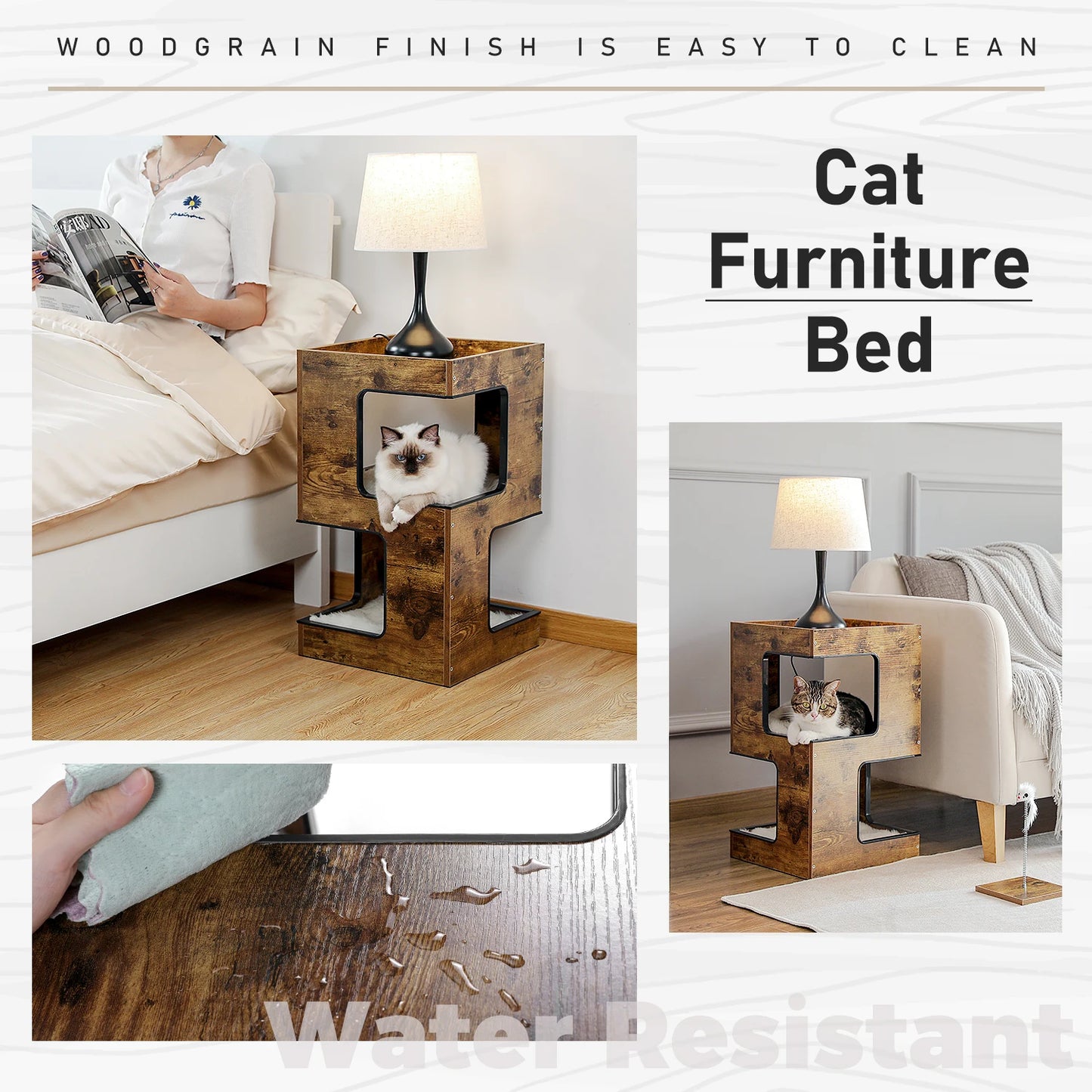 Wood Cat Condo House Bed with Removable Soft Mats & Scratching