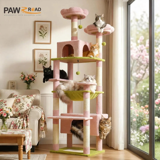 Flower Cat Tree, 72 Inches Large Cat Tower with Steel Frame Hammock and 7 Scratching Posts, Tall Cat
