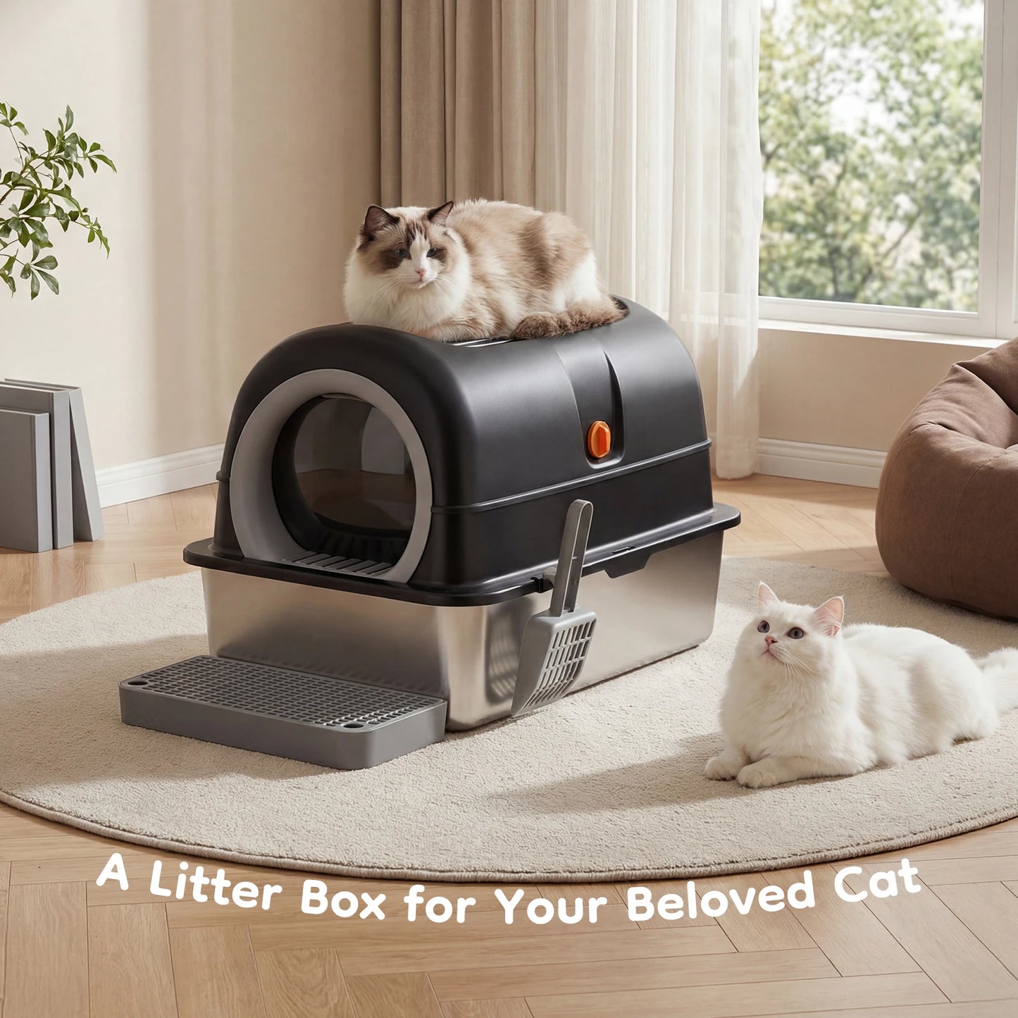 JHK 24IN Stainless Steel Cat Litter Box with Fully Enclosed 30L Large Cat Litter Box for Big Cats Cat - Box Scoop and Mat Included