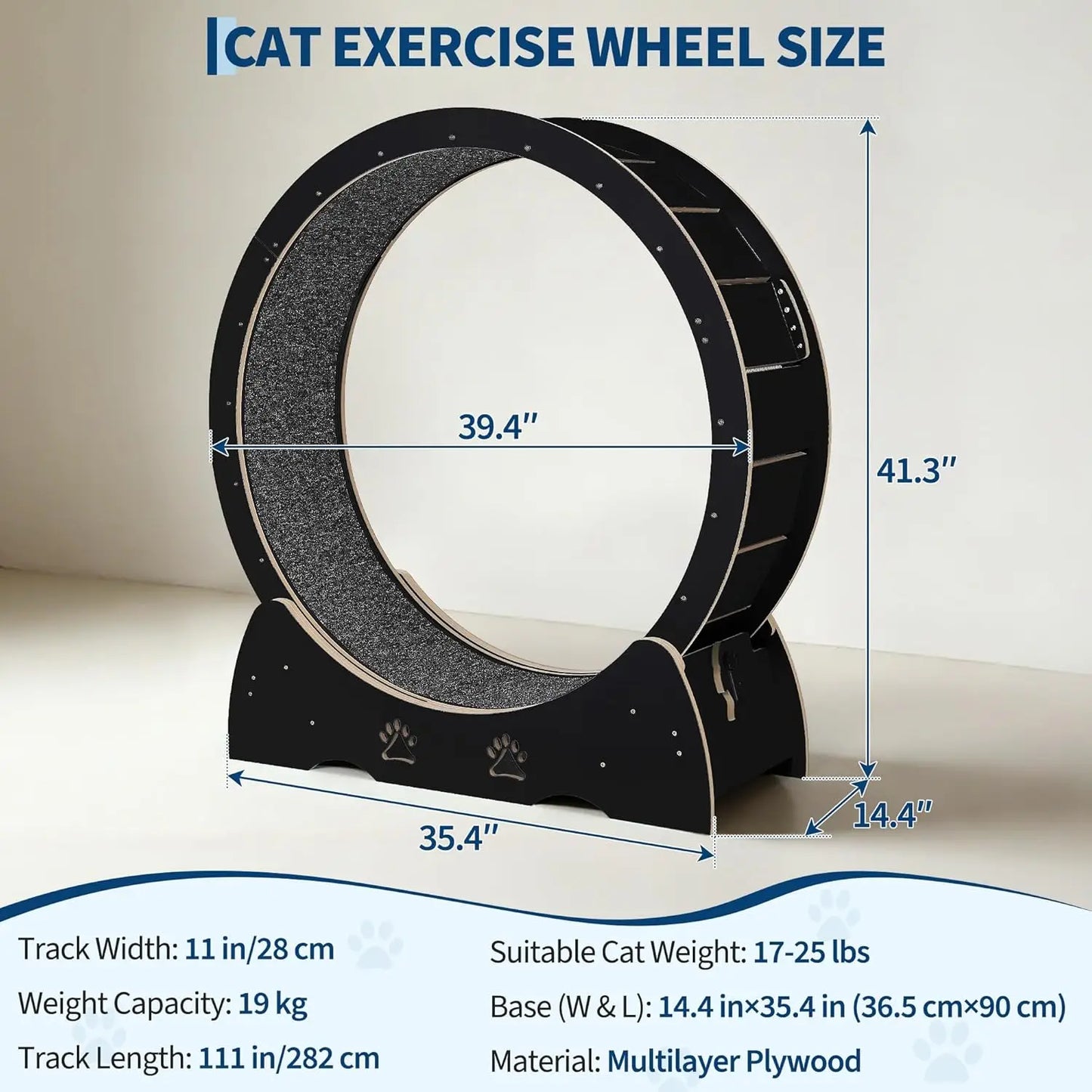 Large Wooden Cat Running Treadmill with Low Noise Carpeted Runway, Removable Carpet