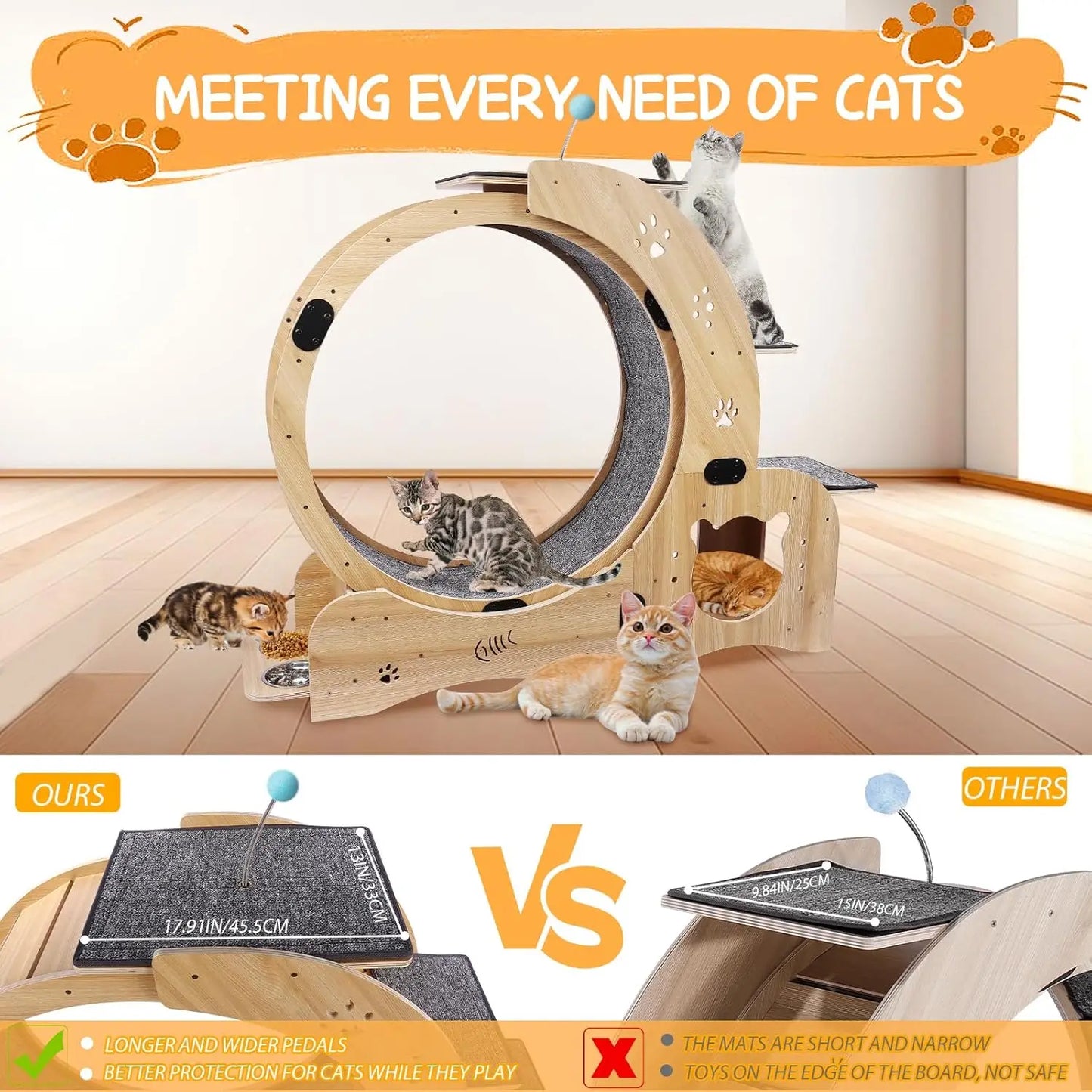 55" Cat Wheel with Cat Bed, Scratching Board, Detachable Mat, Climbing Frame, & Nest