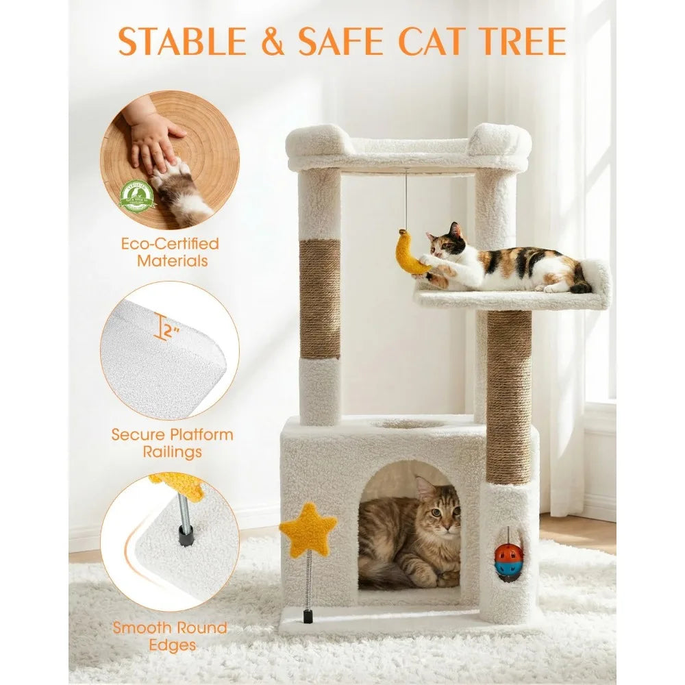 Compact Beige Cat Tree with Condo Plush Hammock Sisal Posts Dangling Toy and Self Grooming Brush