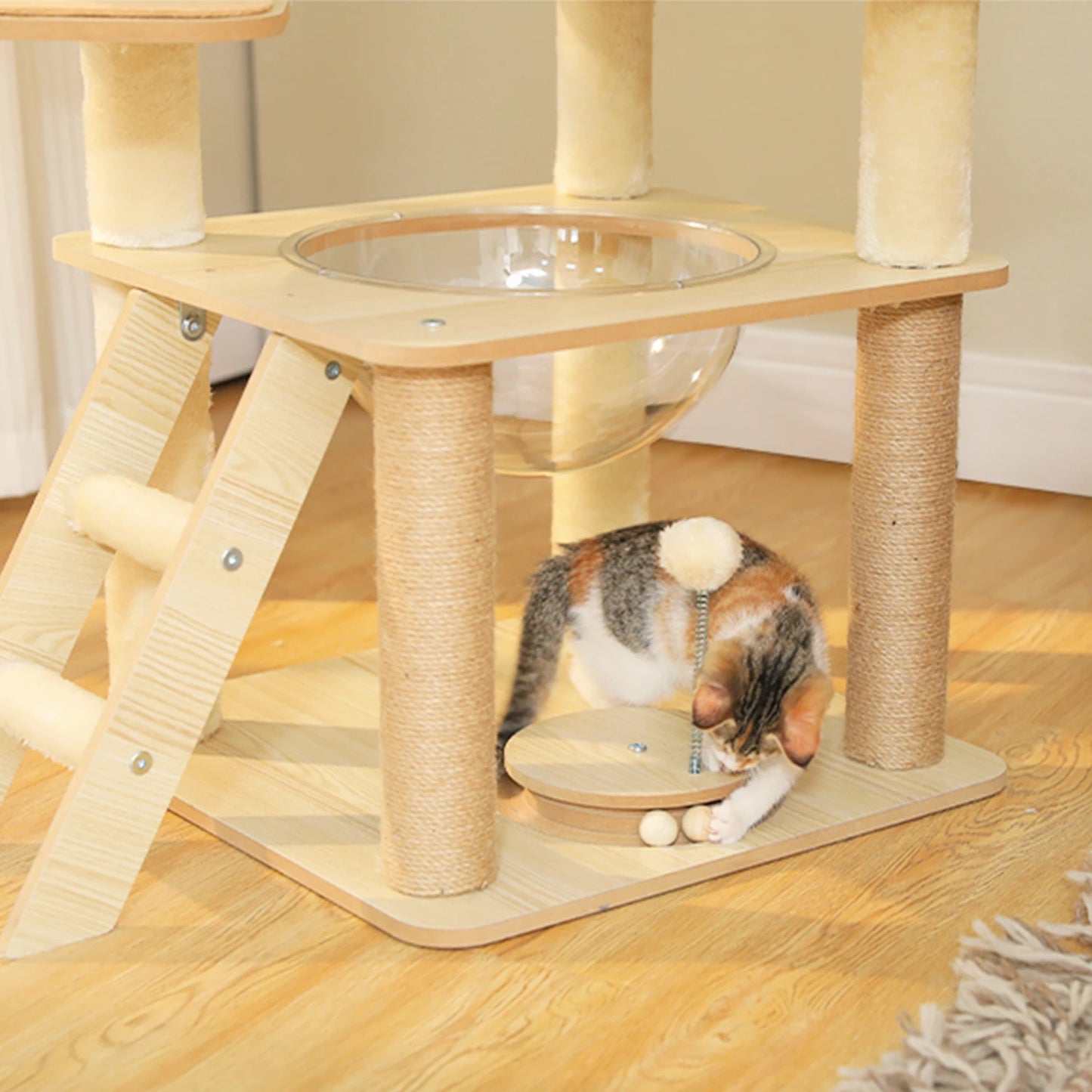 Multi-Level Wood Cat Tree with Scratching Posts, Spacious Condo, Hammock, Top Perch, Cat Scratcher