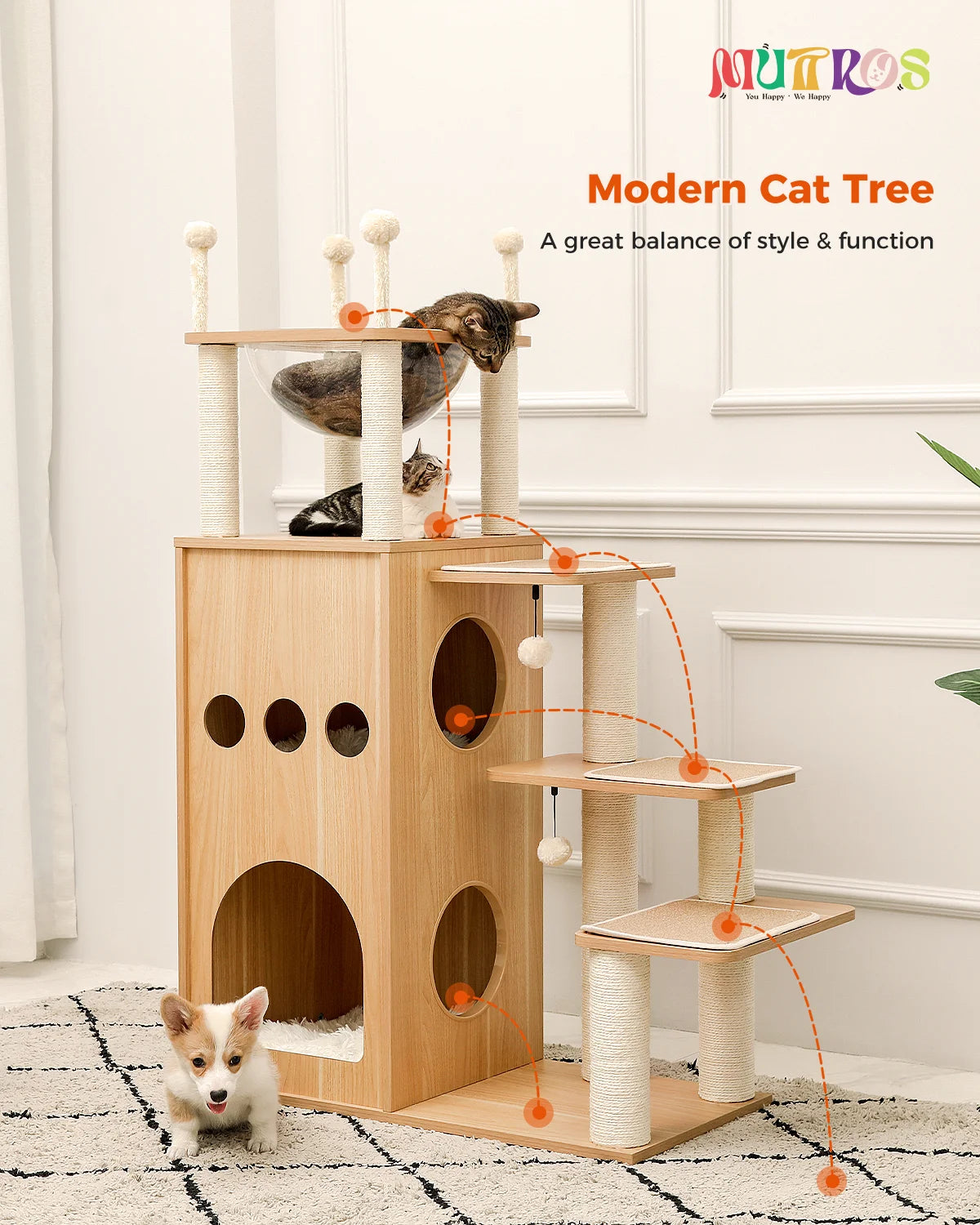 Multi-Level Wood Cat Tree with Scratching Posts, Spacious Condo, Hammock, Top Perch, Cat Scratcher