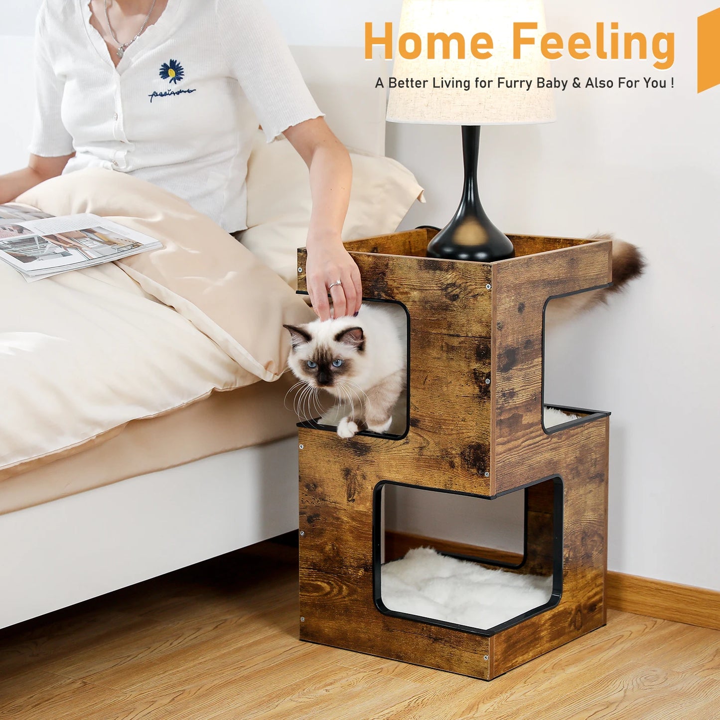 Wood Cat Condo House Bed with Removable Soft Mats & Scratching