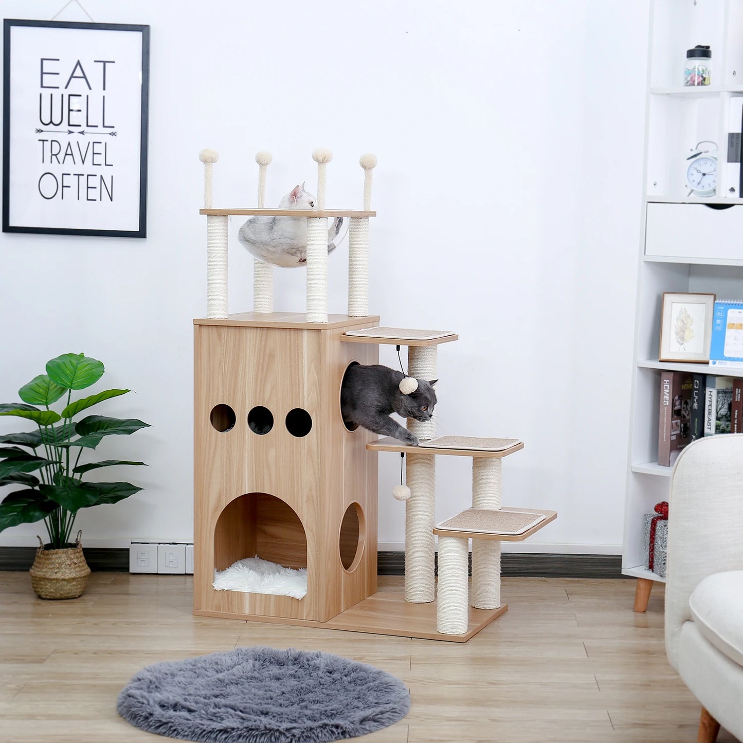 Multi-Level Wood Cat Tree with Scratching Posts, Spacious Condo, Hammock, Top Perch, Cat Scratcher