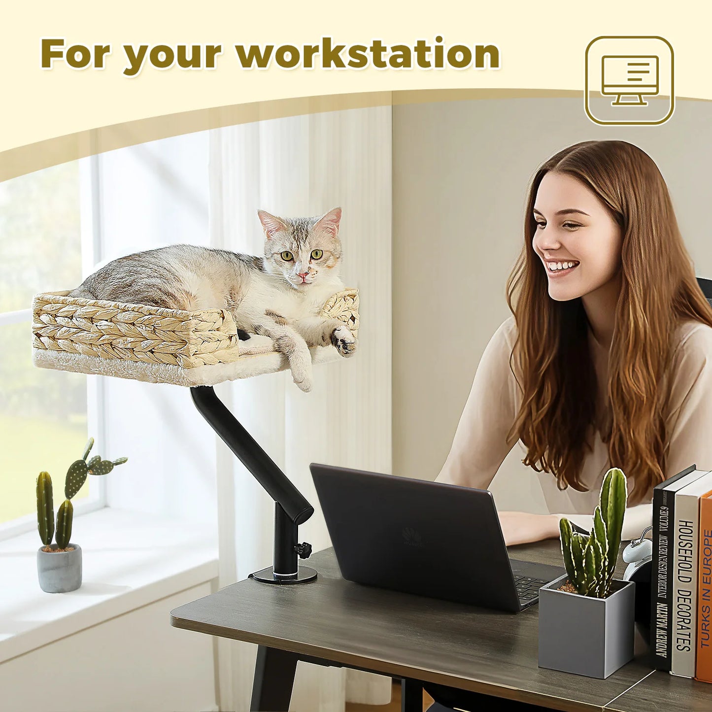 Cat Desk Bed, 360° Rotatable Cat Bed Stand for Indoor Cats, Adjustable Cat Basket