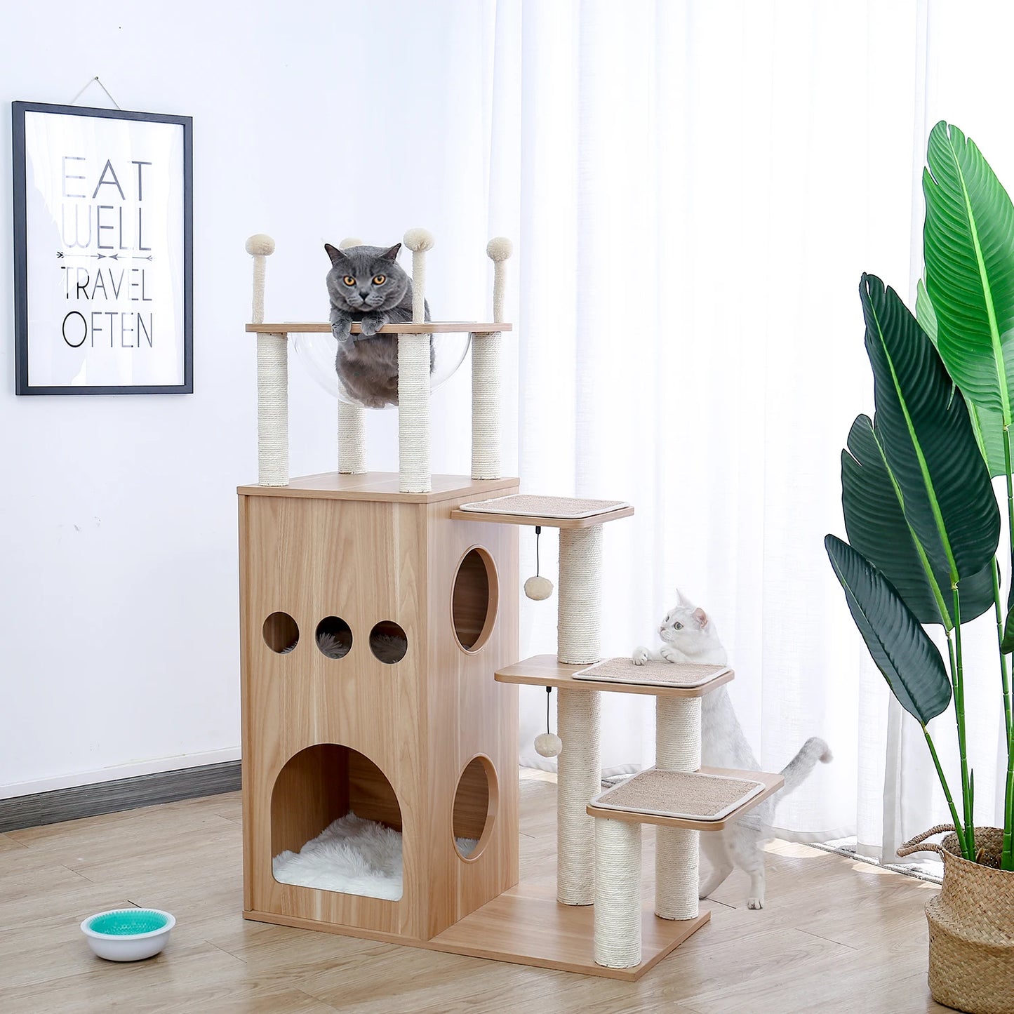 Multi-Level Wood Cat Tree with Scratching Posts, Spacious Condo, Hammock, Top Perch, Cat Scratcher