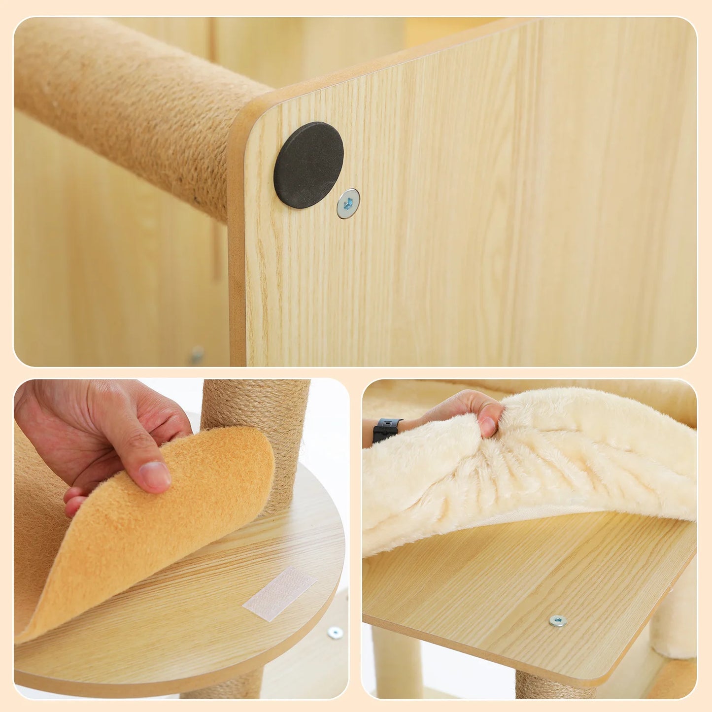 Multi-Level Wood Cat Tree with Scratching Posts, Spacious Condo, Hammock, Top Perch, Cat Scratcher