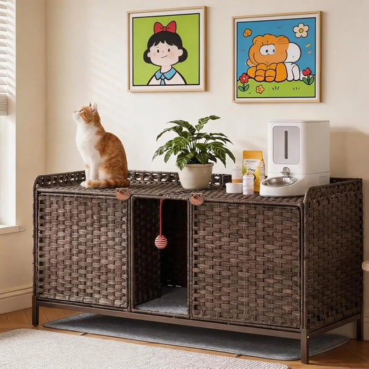 Cat Litter Box Enclosure Furniture, Handwoven Rattan Cat Bed Houses, Hidden Cat Washroom Furniture with Door/Mat,Pet Furniture