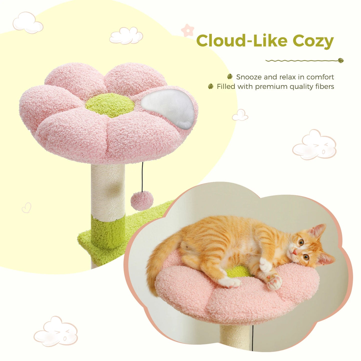 Flower Cat Tree, Multi-Level Cat Tower with Sisal Scratching Posts, Hammock, Ramp, Top Perch, Cat Condo for Indoor, Kitten Toys