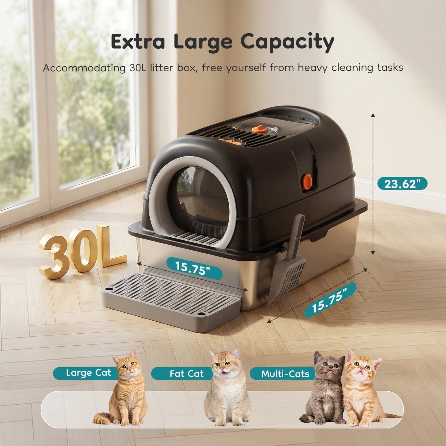JHK 24IN Stainless Steel Cat Litter Box with Fully Enclosed 30L Large Cat Litter Box for Big Cats Cat - Box Scoop and Mat Included