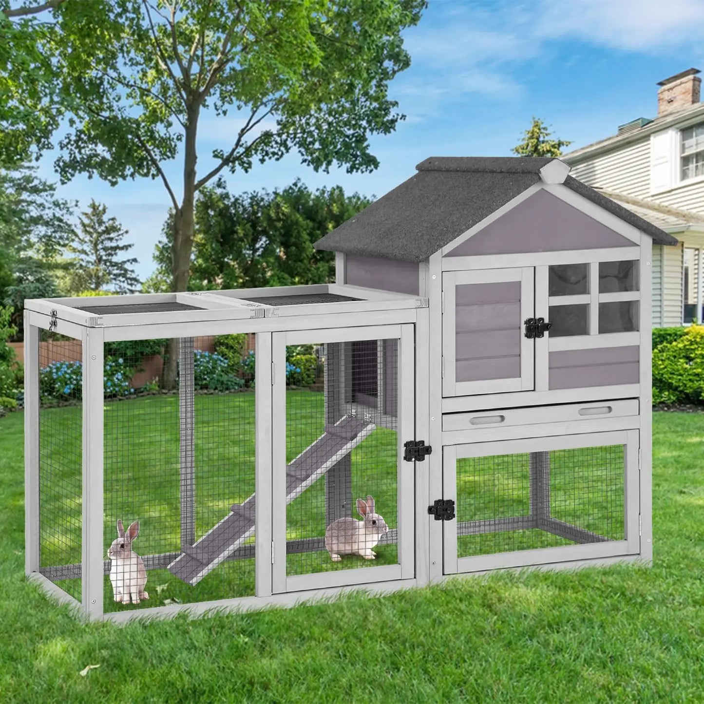 2-Story Rabbit Hutch with Chew-Proof Full Metal Frame for Indoor/Outdoor - 62" Bunny Cage with 6 Locking Casters
