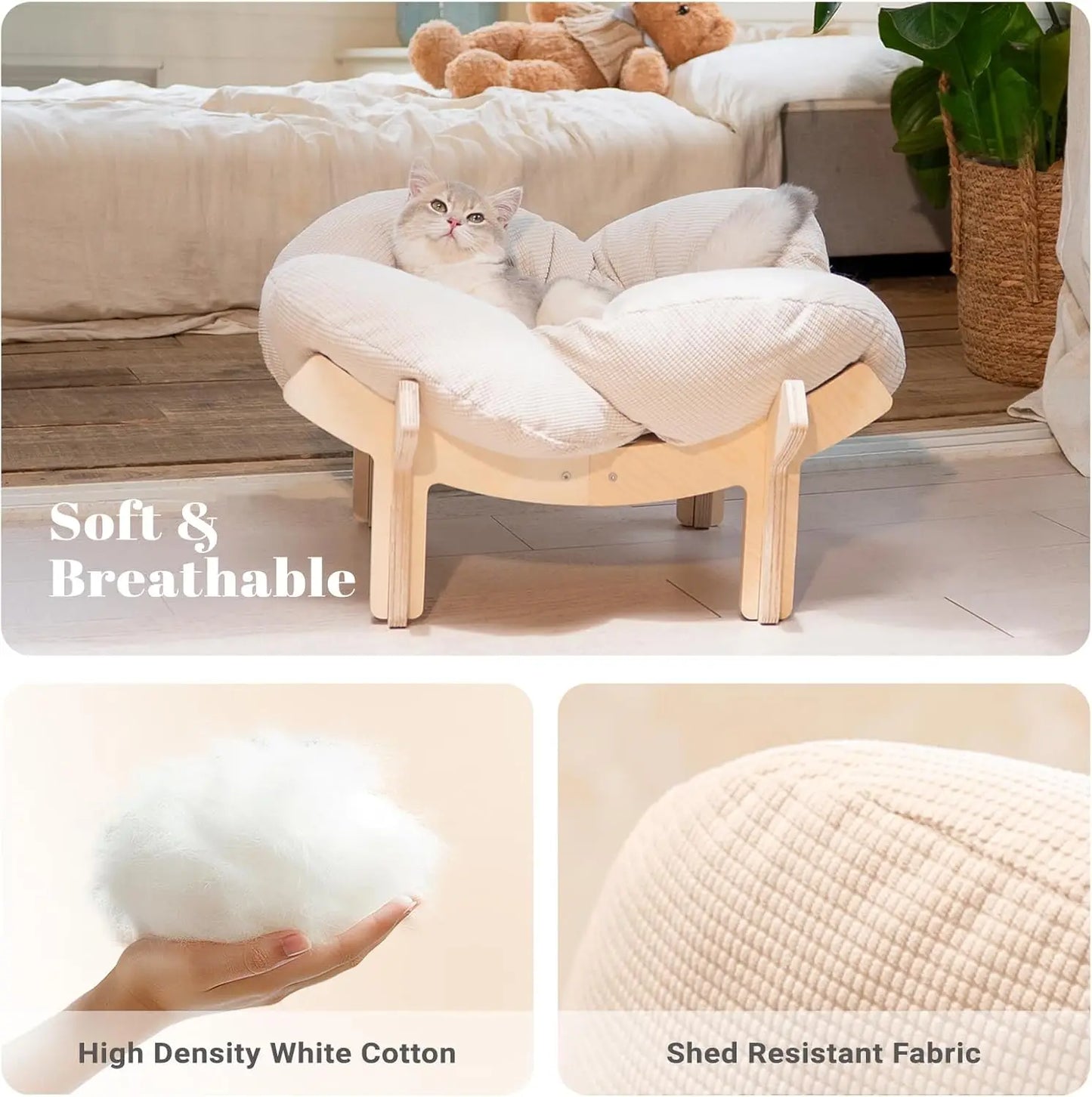 Elevated Cat Bed with Cushion, Wooden Pet Sofa for Indoor Cats and Puppies, White Furniture