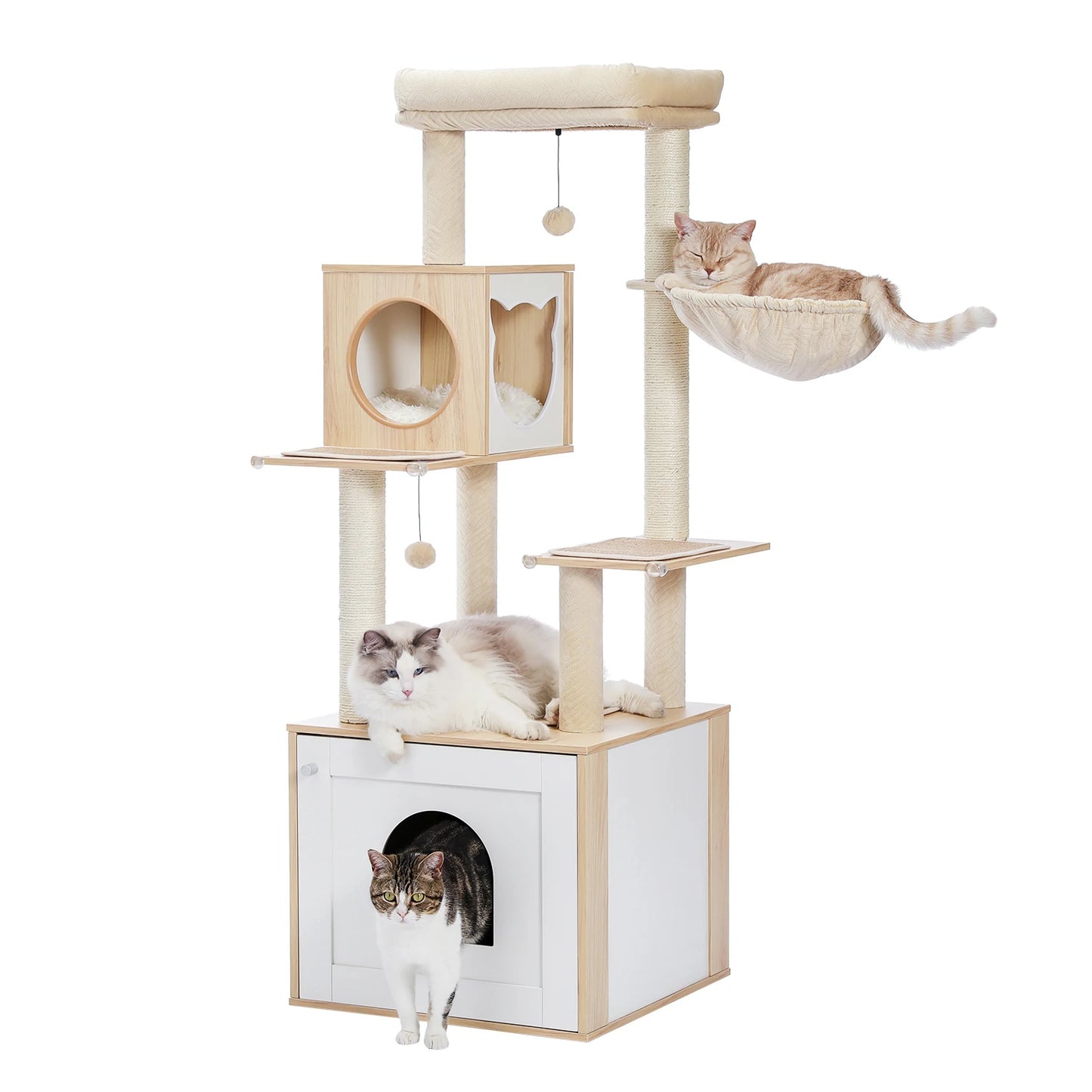 Multi-Level Wood Cat Tree with Scratching Posts, Spacious Condo, Hammock, Top Perch, Cat Scratcher