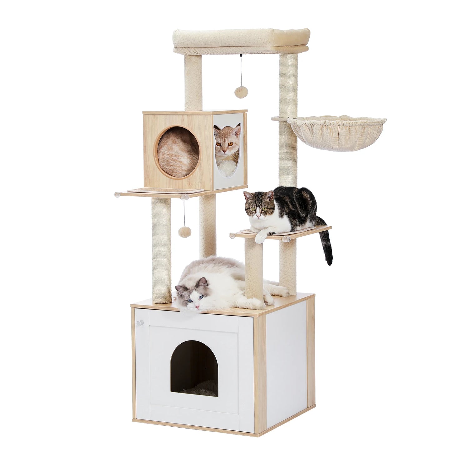 Multi-Level Wood Cat Tree with Scratching Posts, Spacious Condo, Hammock, Top Perch, Cat Scratcher