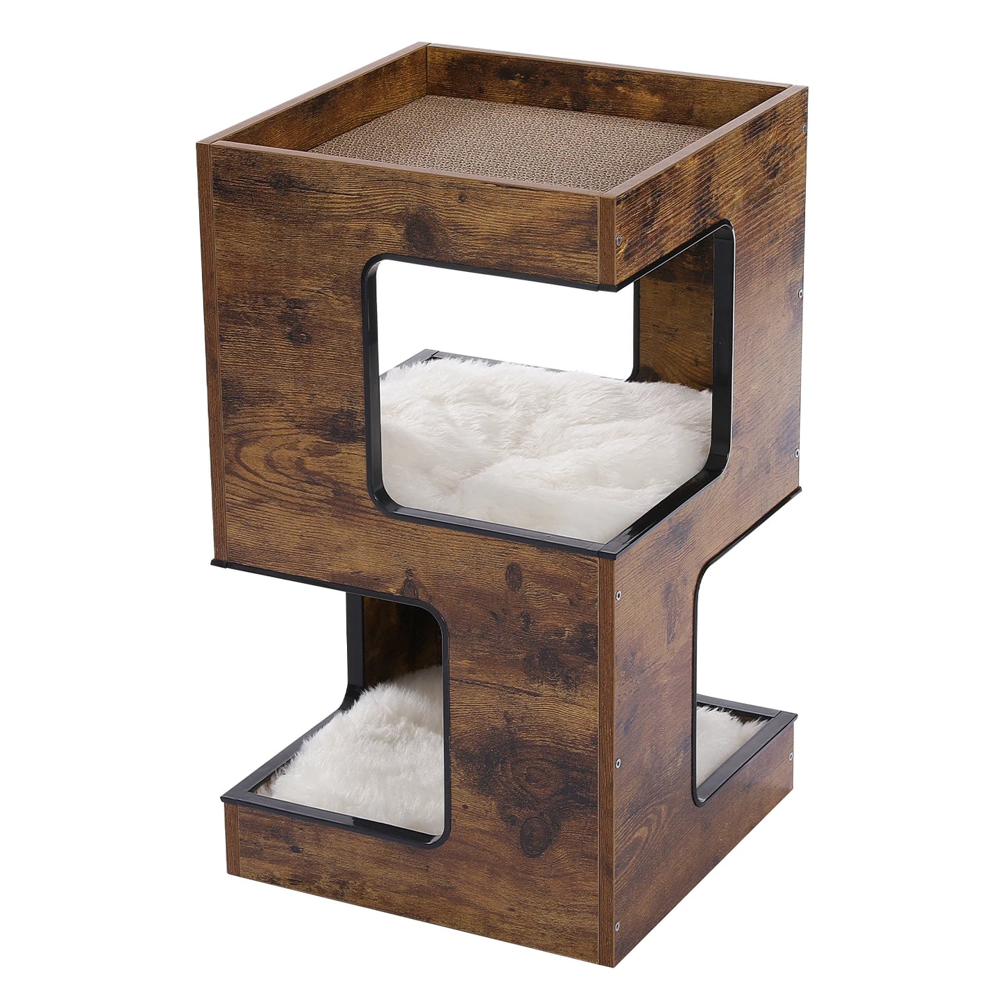 Wood Cat Condo House Bed with Removable Soft Mats & Scratching