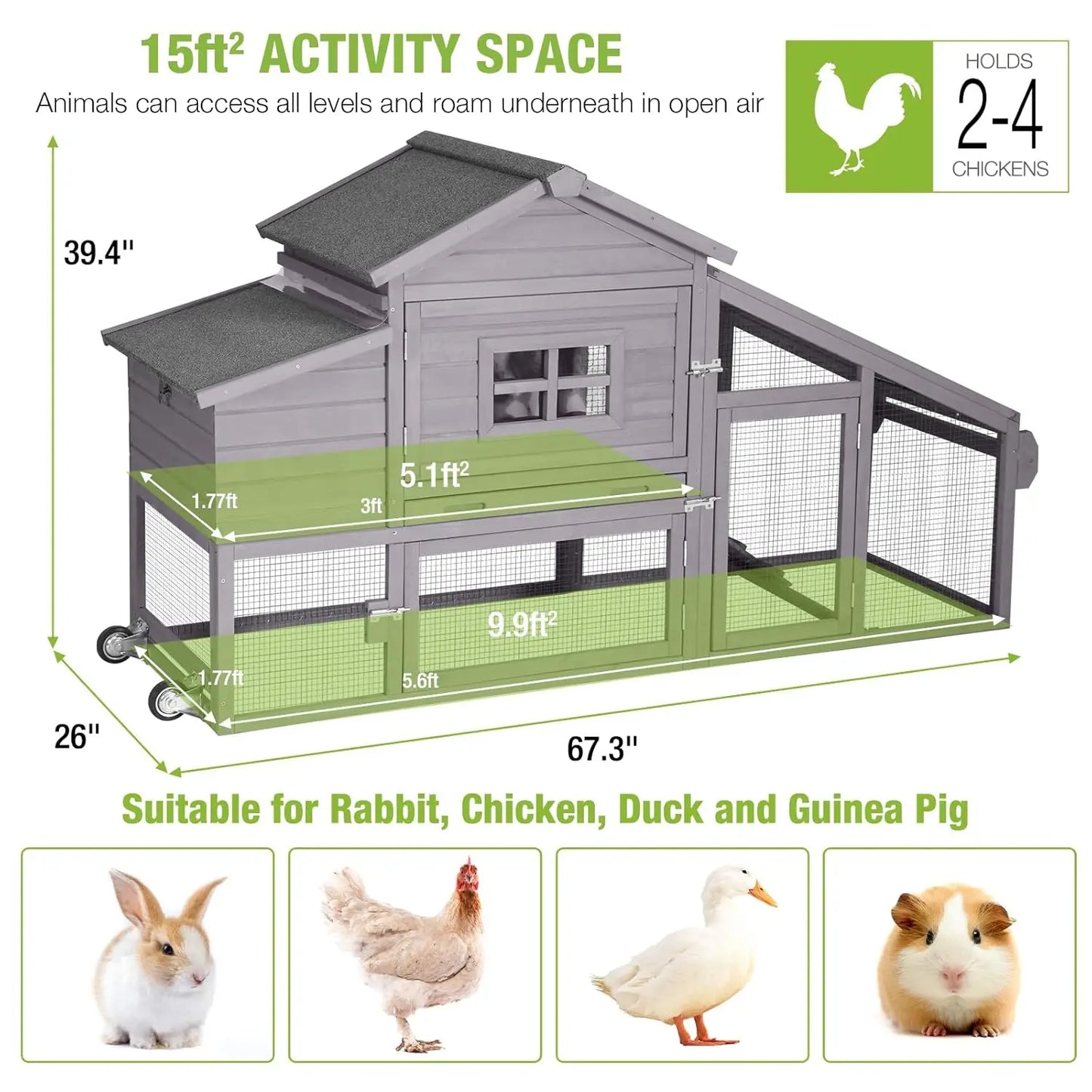 Chicken Coop Mobile Chicken House On Wheel Outdoor Rabbit Hutch for 2-4 Chickens 67", Customized
