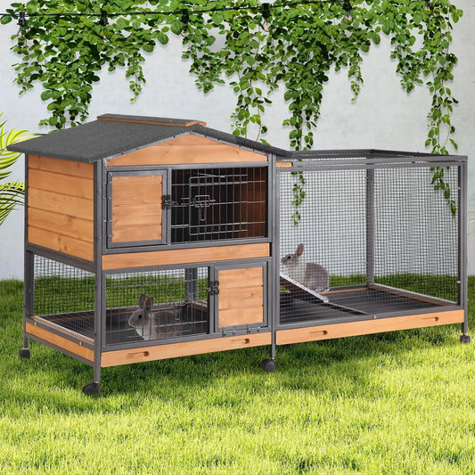 2-Story Rabbit Hutch with Chew-Proof Full Metal Frame for Indoor/Outdoor - 62" Bunny Cage with 6 Locking Casters
