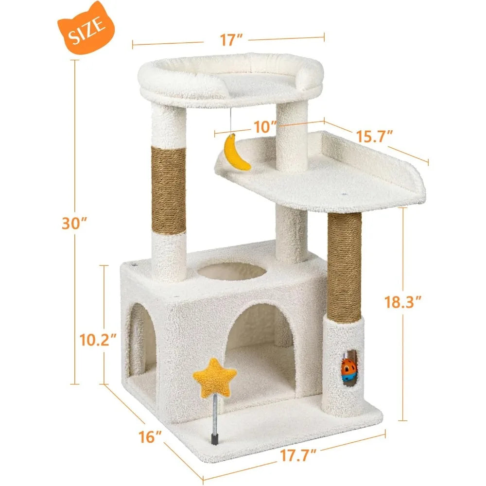 Compact Beige Cat Tree with Condo Plush Hammock Sisal Posts Dangling Toy and Self Grooming Brush