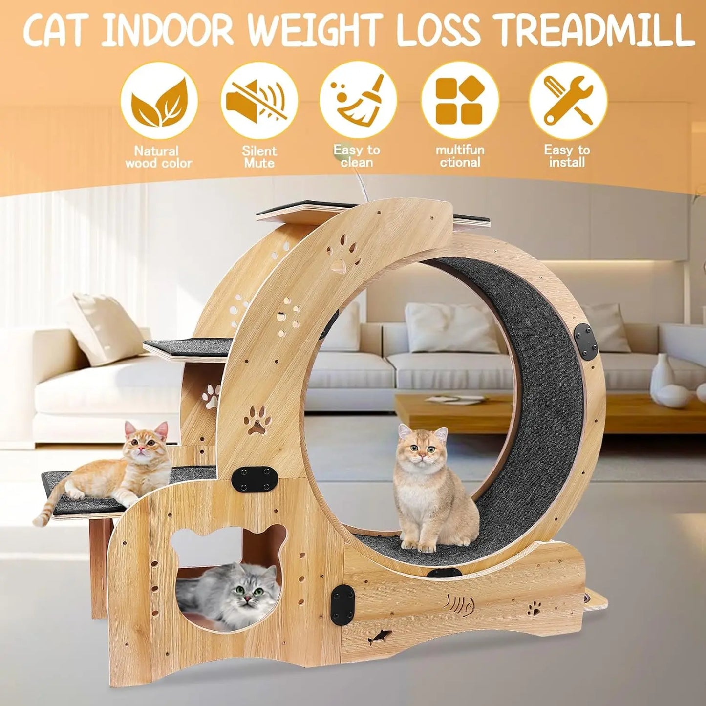55" Cat Wheel with Cat Bed, Scratching Board, Detachable Mat, Climbing Frame, & Nest