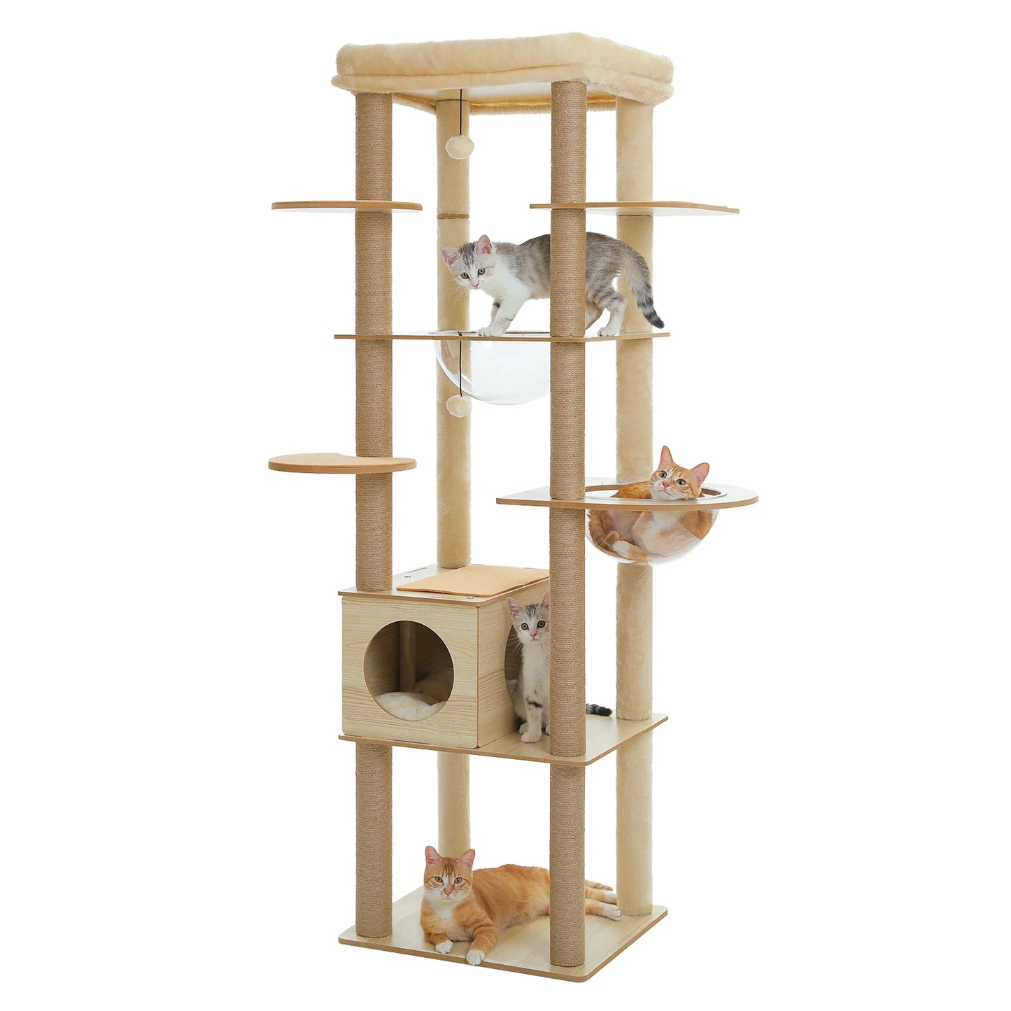 Multi-Level Wood Cat Tree with Scratching Posts, Spacious Condo, Hammock, Top Perch, Cat Scratcher
