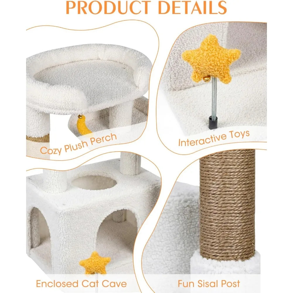 Compact Beige Cat Tree with Condo Plush Hammock Sisal Posts Dangling Toy and Self Grooming Brush