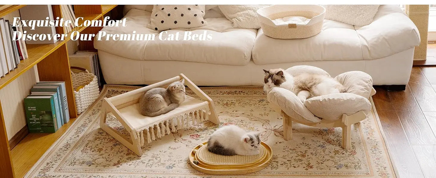 Elevated Cat Bed Wooden With Cushion Fluffy Pet Couch Sofa For Indoor Cats Raised Kitty Lounge Chair Suitable